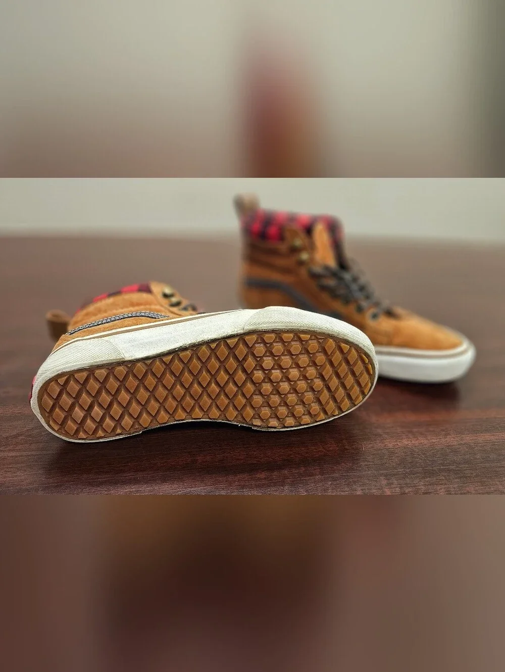 Vans Tan Suede High-Top Sneakers with Red Plaid Collar